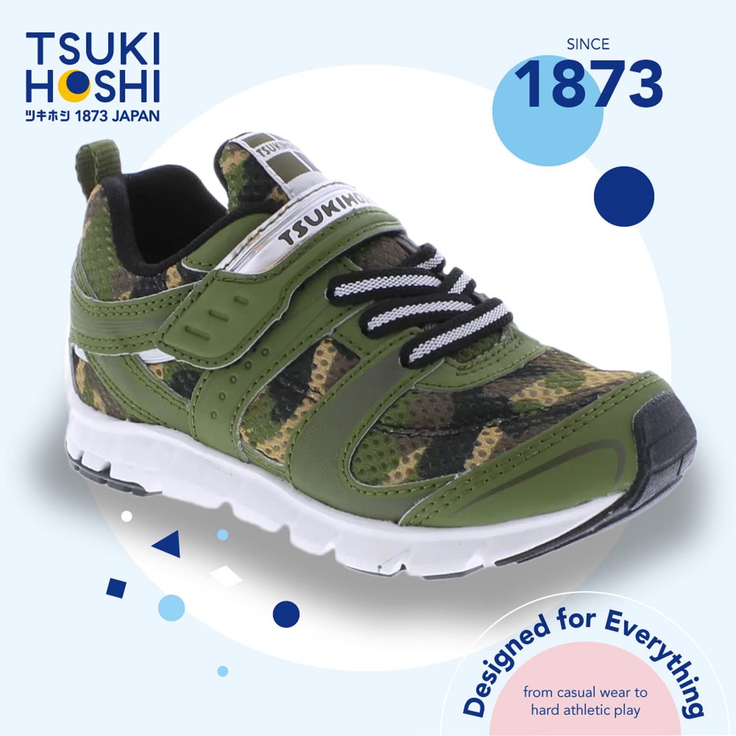 TSUKIHOSHI 3580 Velocity Strap-Closure Machine-Washable Child Sneaker Shoe with Wide Toe Box and Slip-Resistant, Non-Marking Outsole, Green/Camo - 9.5 Toddler (1-4 Years)