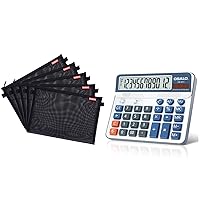 Desktop Calculator and 5pcs Mesh Zipper Pouch Bundle, 12-Digit Battery Solar Powered LCD Display Big Button Calculator, A4 Size Large Lightweight Nylon File Folder