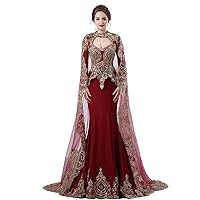 Women's Vintage Satin Long Sleeves Evening Dress with Veil Lace Appliques Beaded Mermaid Formal Prom Gowns Burgundy
