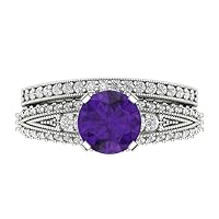Clara Pucci 2.20 ct Round Cut Solitaire Genuine Natural Amethyst Art Deco Statement Wedding Ring Band set 18K White Solid Gold