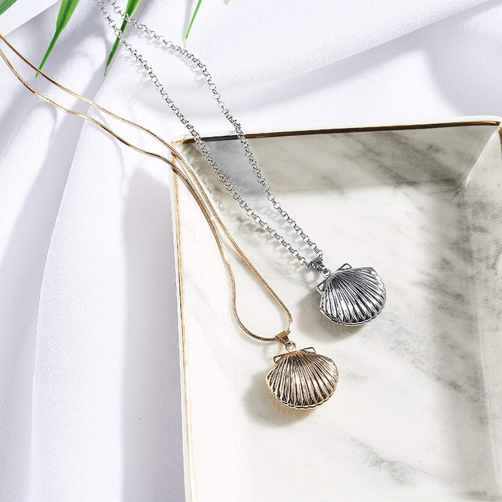 PJ Seashell Locket Charm Necklace for Women Girls, Nautical Beach Sea Shell Style, Adjustable Long Chain Choker Pendant Necklaces Jewelry