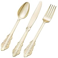 300PCS Gold Plastic Silverware for 100 Guests, Heavy Duty Gold Disposable Utensils Sets, Includes 100 Forks, 100 Spoons, 100 Knives, Elegant Cutlery Perfect for Wedding or Party