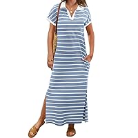 MEROKEETY Women's Summer Striped Short Sleeve Dress V Neck Collared Side Slit Casual Beach Maxi Dresses