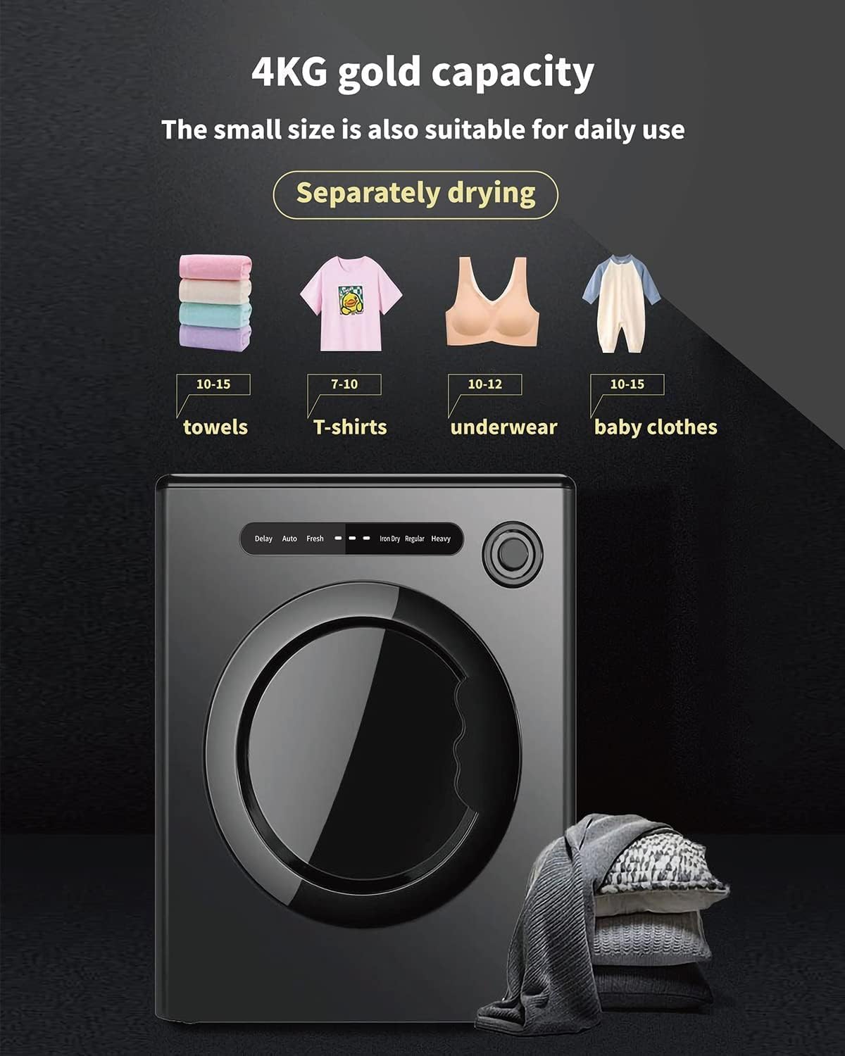 OOTDAY Compact Laundry, 9lbs Front Load Stainless Steel, Clothes Dryers with Exhaust Pipe, 850W, ABS Control Panel, for Apartments, Home, Dorm