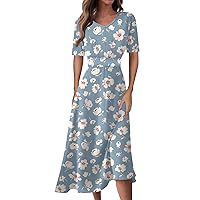Summer Dresses for Women Gradient Print V-Neck Short Sleeve Waist Long Swing Dress