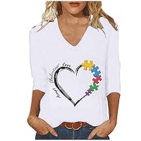 Autism Teacher Shirt Women Accept Understand Love Letter Print Tee Tops Autism Awareness Graphic 3/4 Sleeve Pullover