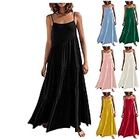Dresses for Women 2024 Summer Casual Loose Sleeveless Spaghetti Strap Asymmetric Tiered Beach Maxi Long Dress