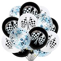 Amosfun 15pcs Checkered Racing car Flags Latex Balloons Confetti Balloons for Race Car Themed Birthday Party Decorations (Blue Confetti)