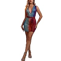ECHOINE Women Sheer Mesh See Through Dress Colorful Stripes Lace Up Halter Bodycon Dresses Party