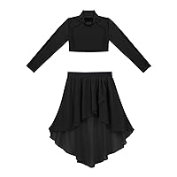 Kids Girls 2Pcs Chiffon Lyrical Dance Dress Mock Neck Crop Top +High Low Elastic Waistband Skirt Set Outfits