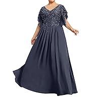 Mother of The Bride Dresses Plus Size with Sleeves Lace Evening Dress Formal Gowns Long Chiffon V Neck