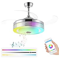 42 inch Retractable Ceiling Fan with Light and Remote Control, Bluetooth Speaker Fans, 6 Speed 4 Blades Modern Fandelier, Smart led Music Lights, Timer Chandelier for Bedroom Dining Room,Chrome