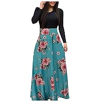 Womens Long Sleeve Dresses Casual Priting Crew Neck Fitted Dress Trendy Loose Fit Flowy A Line Long Dresses
