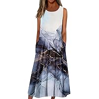Womans Sundress Maxi Dresses for Women 2024 Summer Casual Print Bohemian Beach Dress Sleeveless Crewneck Dress with Pockets Navy XX-Large