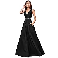 Women's 2019 A-line V Neck Beaded Satin Prom Dresses Long Floor Length Formal Evening Gown with Pockets