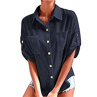 Women 3/4 Sleeve Cotton Linen Shirts Button Down Blouse Gauze Collared Summer Tops Boho Casual Ladies Clothes