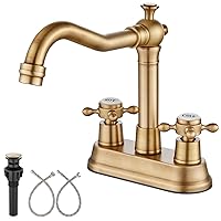 Aolemi Antique Brass Bathroom Sink Faucet 4 Inch Centerset Double Cross Handles Basin Mixer Tap with Pop up Drain 360 Degree Swivel Vintage Deck Mount Bath Lavatory Vanity Faucet for Sink 3 Holes