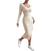 Women's Dress Dresses for Women Split Thigh Ribbed Knit Bodycon Dress (Color : Apricot, Size : Small)