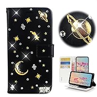 STENES Bling Wallet Phone Case Compatible with LG Stylo 6 - Stylish - 3D Handmade Planet Moon Meteor Glitter Magnetic Wallet Magnetic Wallet Stand Leather Cover Case - Black