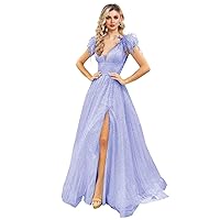 Women's V Neck Sequin Prom Dresses 2024 Feather Sequin Ball Gowns Off Shoulder Formal Wedding Dresses with Slit