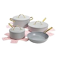 Paris Hilton Iconic Nonstick Pots and Pans Set, Multi-layer Nonstick Coating, Matching Lids With Gold Handles, Made without PFOA, Dishwasher Safe Cookware Set, 10-Piece, Light Gray