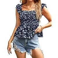 Clarisbelle Women's Summer Smocked Tank Tops Square Neck Ruffle Crop Sleeveless Boho Tee T-Shirt