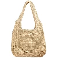 Beach Bag Straw Bag Hand Woven Straw Bag, Fashion Rattan Women Shoulder Bag Wixer Woven Handbag (Color : Beige)