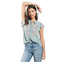 Womens Mexican Embroidered Top Floral Cotton Boho Tie Neck Peasant Blouse Shirt