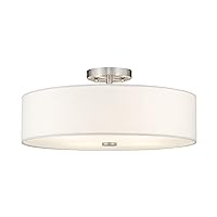 Livex Lighting 51055-91 Meridian Collection 4-Light Semi Flush Mount Ceiling Fixture with Off-White Fabric Hardback Drum Shade, Brushed Nickel