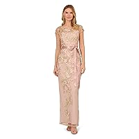 Adrianna Papell Women's Cascading Floral Embroidered Long Column Gown, Blush/Nude Multi