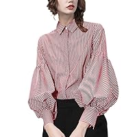 Women' Striped Shirt Spring Autumn Long Lantern Sleeve Turn-Down Collar Blouse Office Ladies Tops
