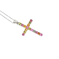 Natural Multi Tourmaline 2.5 MM Round Gemstone Holy Cross Pendant Necklace 925 Sterling Silver October Birthstone Multi Tourmaline Jewelry Wedding Necklace Gift For Her (PD-8561)