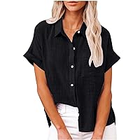 Cotton Linen Shirts for Women Casual Short Sleeve Formal Tops Button Down Lapel Blouse Tees Summer Daily Loose Comfy T-Shirts