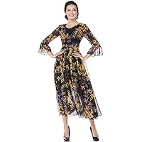 XINUO Women Dresses Floral Print Flowy Party Midi Dress Summer A Line Chiffon Casual Round Neck Black Formal Daily Dress (Black, US10-12(Tag Asian XL))