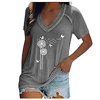 Womens Plus Size Tops,Summer Short Sleeve V Neck Shirt Trendy Printed Loose Outdoor Tees Sexy Blouse T Shirt