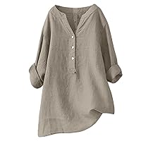Womens Button Down Linen Cotton Tops Fashion Trendy 3/4 Sleeve V Neck Oversized Skirts Casual Sheer Shirt Long Sleeve