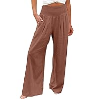 Women's High Waist Palazzo Pants Casual Smocked Waist Wide Leg Pant Summer Beach Pants Lounge Linen Trousers with Pockets