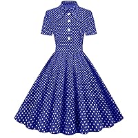 Women Vintage 40s 50s Dress Tie Neck Button Up Polka Dot Swing Dress with Belt Cocktail Office Work Dresses