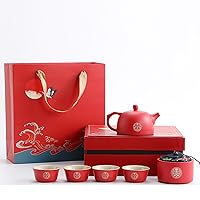 Wedding gift, Chinese Double Happiness Red Wedding Tea Set, Handmade Ceramic 1 Teapot 4 Cups 1 Canister For Newlyweds, Friends Chinese Traditional Wedding Decoration Supplies