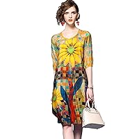 Women's Vintage V Neck Boho Half Sleeve Casual Silk Floral Print Beach Dress