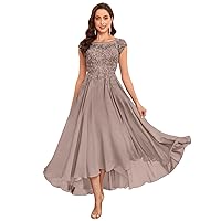Tea Length Mother of The Bride Dresses for Women Lace Chiffon Wedding Evening Party Gown with Pockets