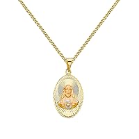 14k Tri-Tone Gold Diamond-Cut Sacred Heart Jesus Pendant with 1.5-mm Flat Wheat Chain