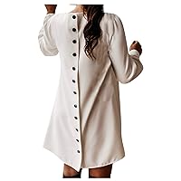 Women's Round Neck Long Sleeve Vintage Button Down Shirt Dress Casual Fashion Loose Fit Solid Mini Dress