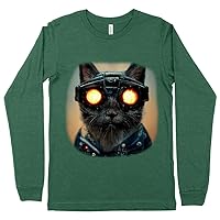 Black Cat Face Long Sleeve T-Shirt - Cool T-Shirt - Painting Long Sleeve Tee Shirt - Heather Forest, M