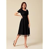 Women's Dress Sweetheart Neck Puff Sleeve Polka Dot Mesh Overlay Dress (Size : Small)