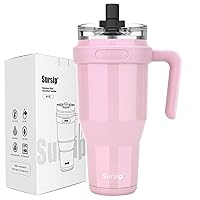 Sursip 40oz Insulated Tumbler with Handle and Flip Straw,Stainless Steel Travel Mug 2 in 1 Straw Lid-Leak Proof Keeps Drinks Cold for 24 Hours-Sweat Proof,Fit in Cup Holder-Pink