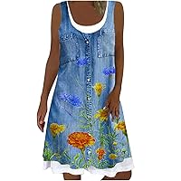 Womens Casual Summer Denim Dresses 2023 Sleeveless Scoop Neck Flowy Tank Sundress Floral Print Jean Dress