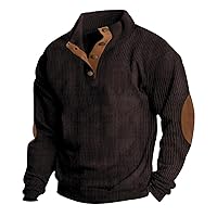 Men's Plus Size Sweatshirt Long Sleeve Solid Color Button Up Pullover Tops with Elbow Patches