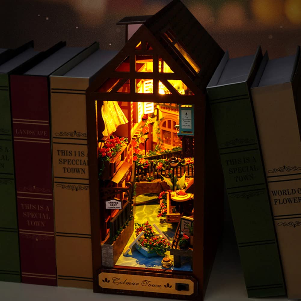 TOPBSFARNY 3D Wooden Book Stand Puzzle DIY Dollhouse Wood Bookends Book Nook Model Building Kit with LED Light for Teens and Adults to Build-Creativity Gift for Birthdays Christmas Halloween