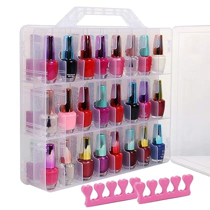 WEIYI Clear Nail Polish Organizer Case Stores 48 Bottles Holder Double Side with Adjustable Compartments and 2 Toe Separators